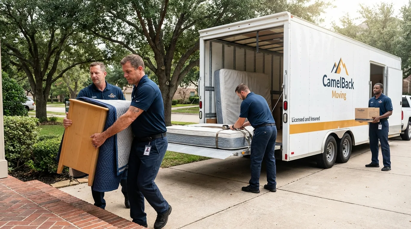 Crew loading residential truck for cross-state move from Cypress, CA