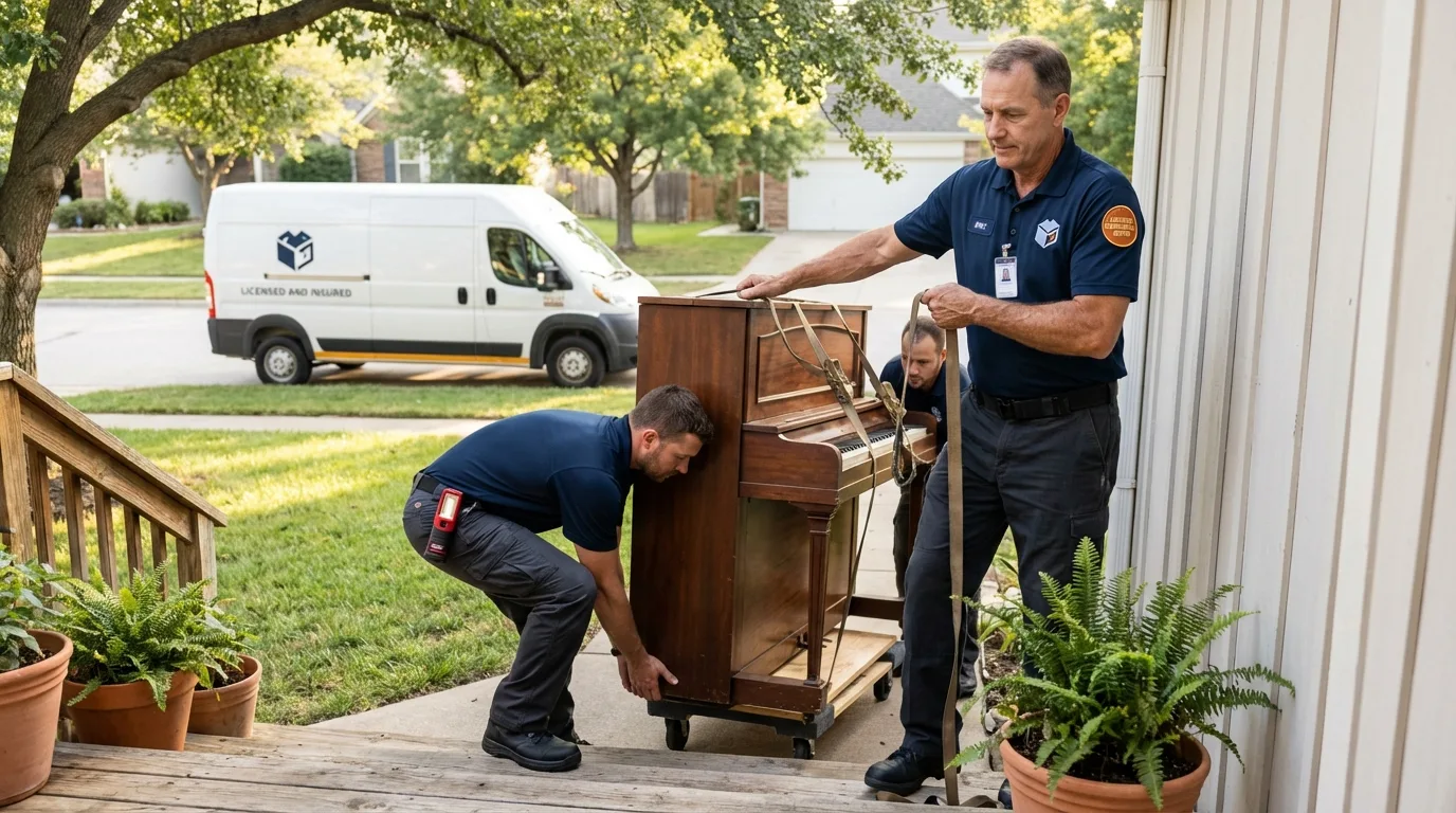 Licensed piano movers securing grand piano in Cypress, CA