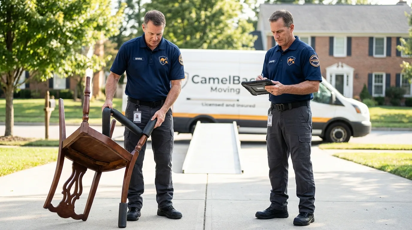 Movers inspecting furniture for damage prevention before loading in Cypress, CA