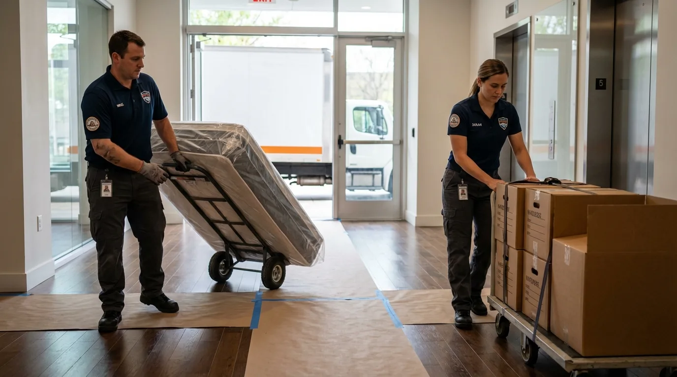 Professional apartment movers loading elevator in Cypress, CA