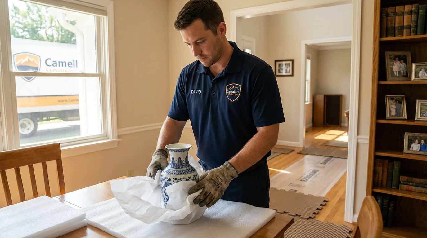 Professional crew carefully wrapping antique vase for senior downsizing move in Cypress, CA